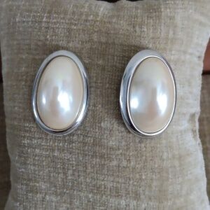 Richelieu Oval Cabochon Faux Pearl Silver Tone Post Earrings